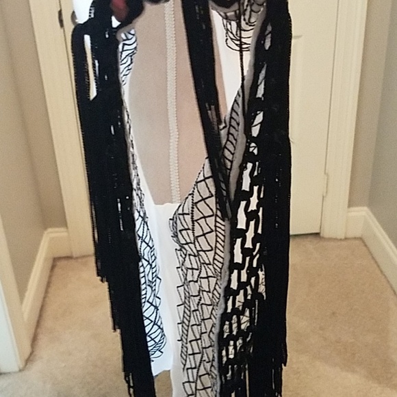 Chico's white black fringe tunic shirt top fringe poncho EUC - Picture 5 of 8